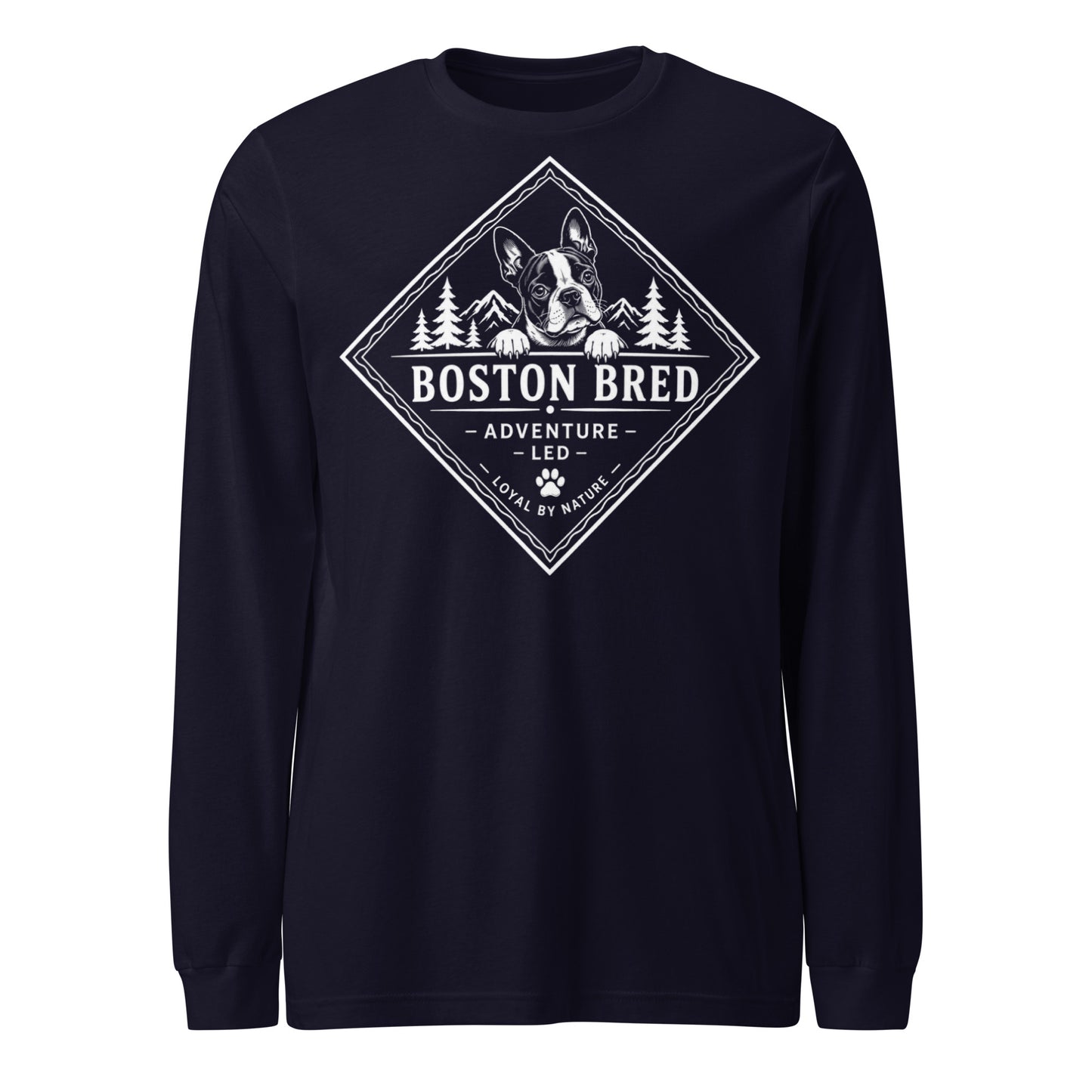 Boston Bred Adventure Led – Outdoor And Hiking Dog Lover Unisex Long Sleeve Tee . Navy