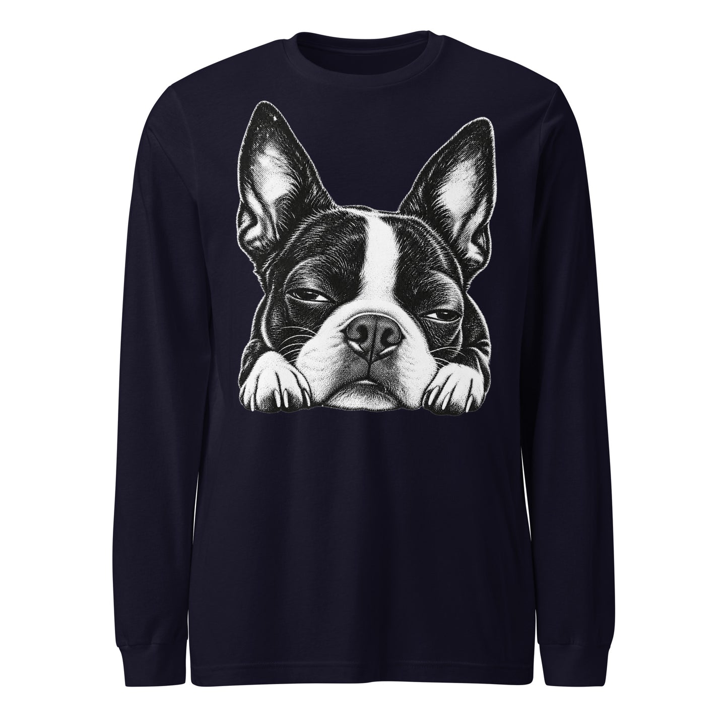 Sleepy Boston Terrier Dog Unisex Long Sleeve Tee . Navy