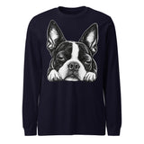 Sleepy Boston Terrier Dog Unisex Long Sleeve Tee . Navy