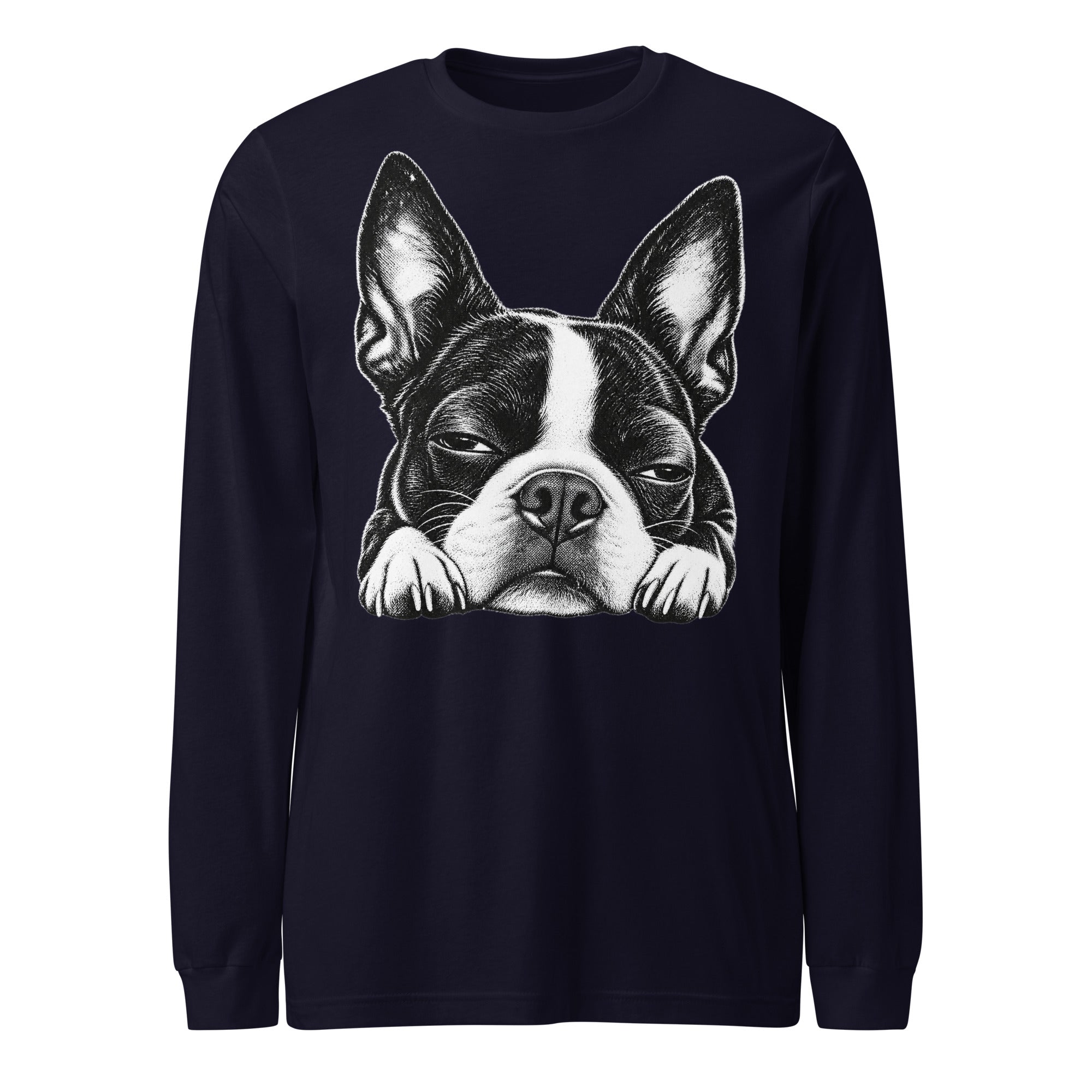 Sleepy Boston Terrier Dog Unisex Long Sleeve Tee . Navy