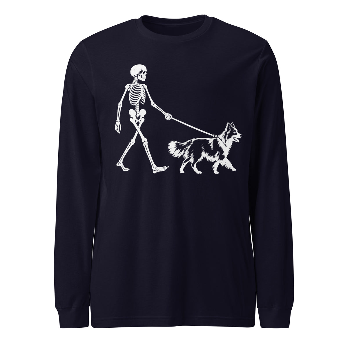 Skeleton Walking Border Collie Halloween Unisex Long Sleeve Tee . Navy