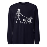 Skeleton Walking Border Collie Halloween Unisex Long Sleeve Tee . Navy