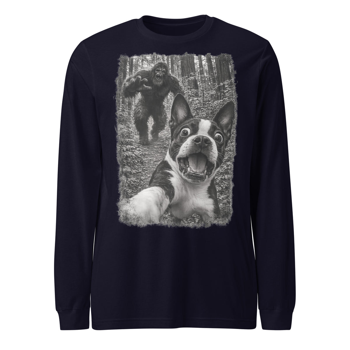 Boston Terrier Bigfoot Chase – Funny Sasquatch Dog Graphic Unisex Long Sleeve Tee . Navy