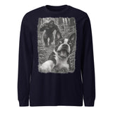 Boston Terrier Bigfoot Chase – Funny Sasquatch Dog Graphic Unisex Long Sleeve Tee . Navy