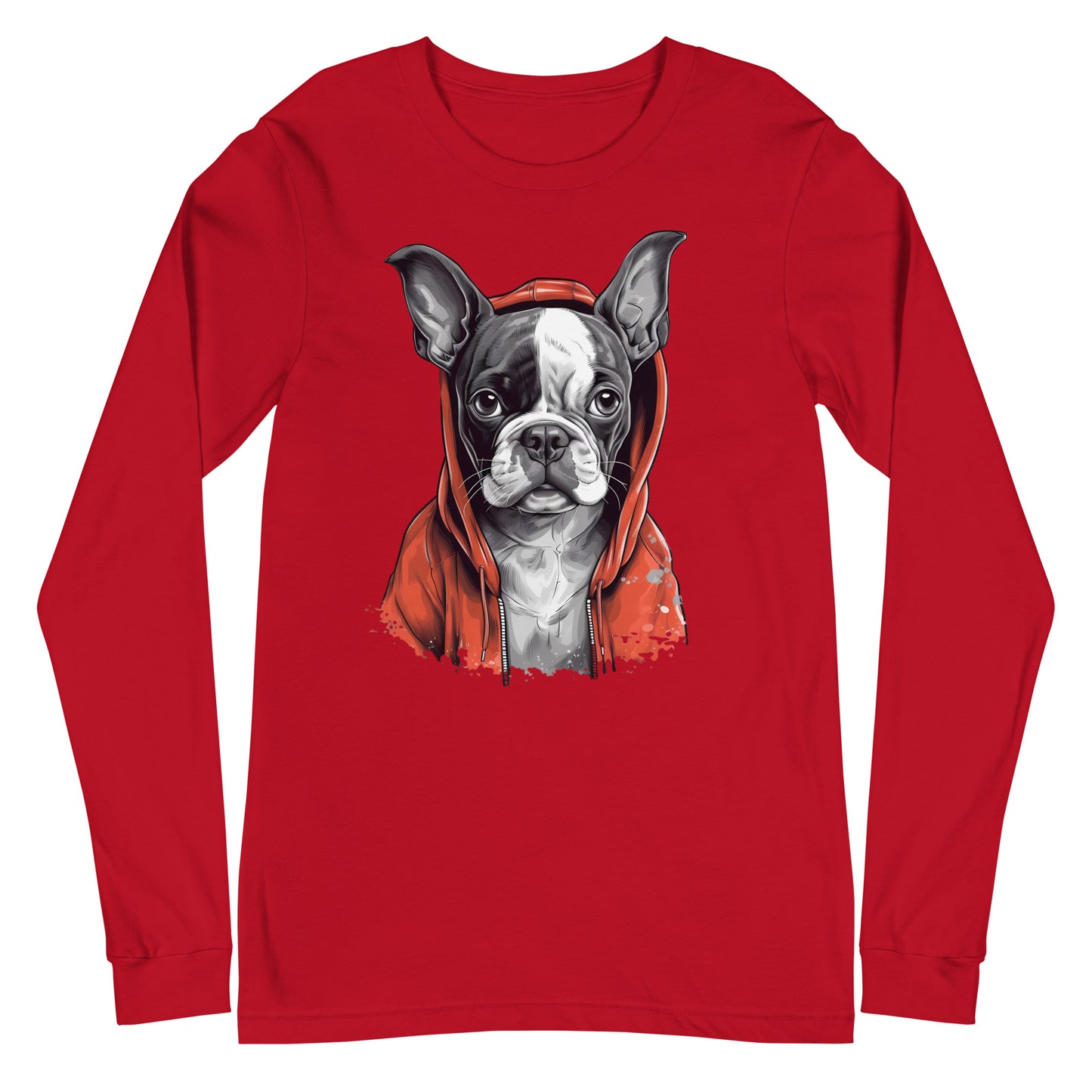 Boston Terrier in a Red Hoodie Long Sleeve Tee