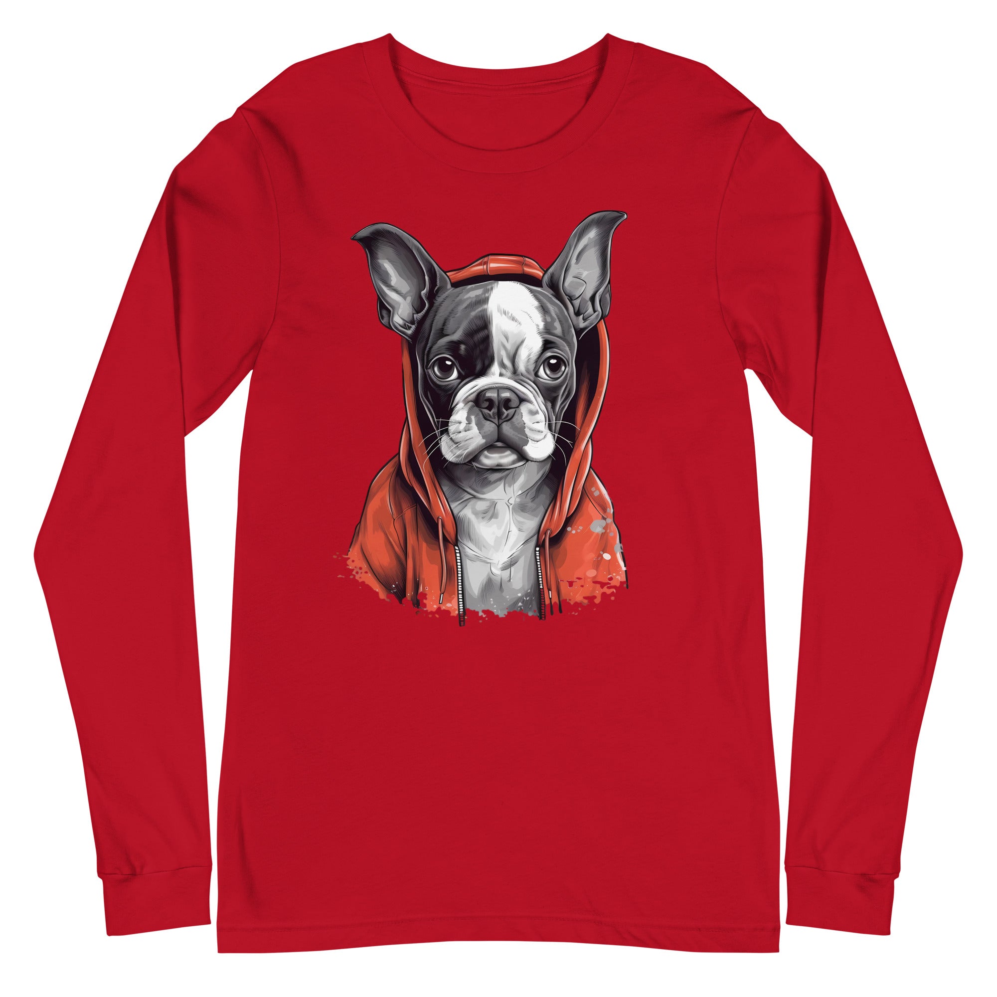 Boston Terrier in a Red Hoodie Long Sleeve Tee
