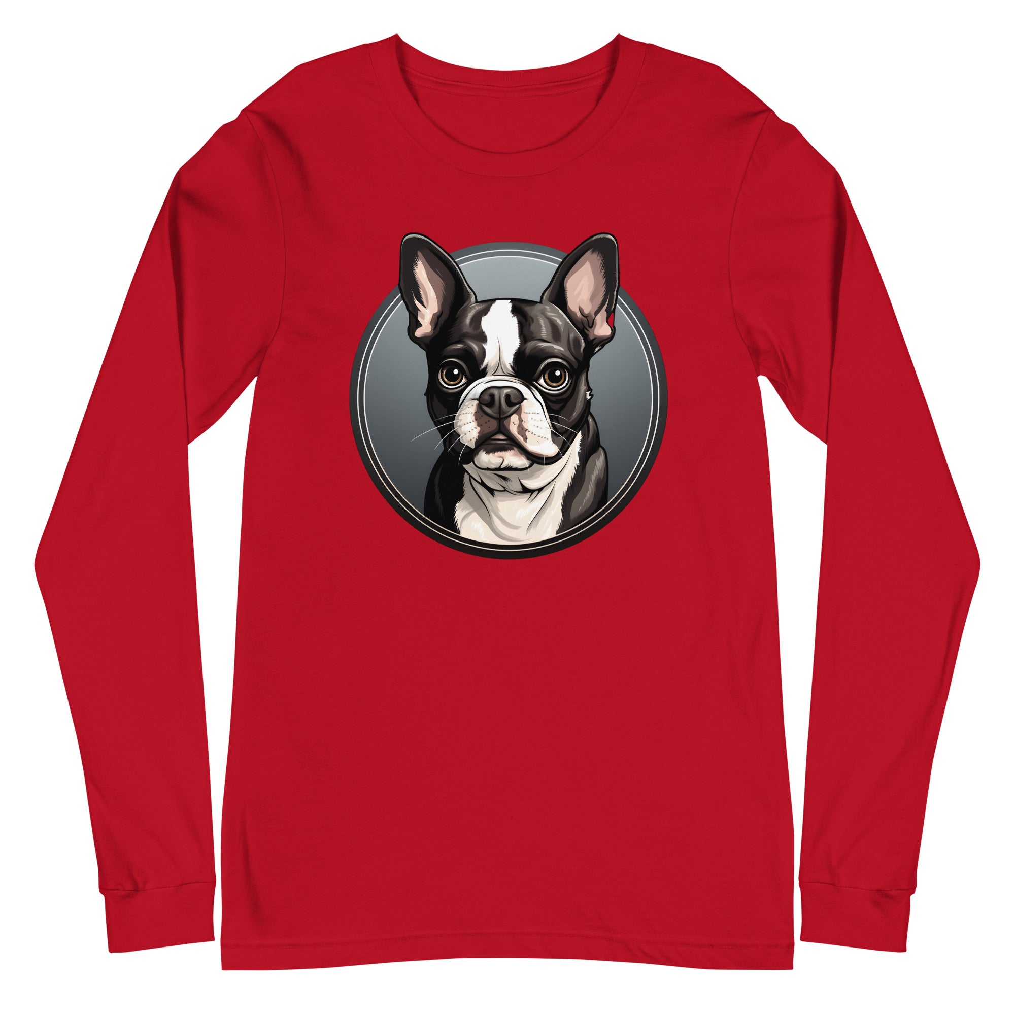 Cartoon Boston Terrier Dog Portrait Unisex Long Sleeve Tee