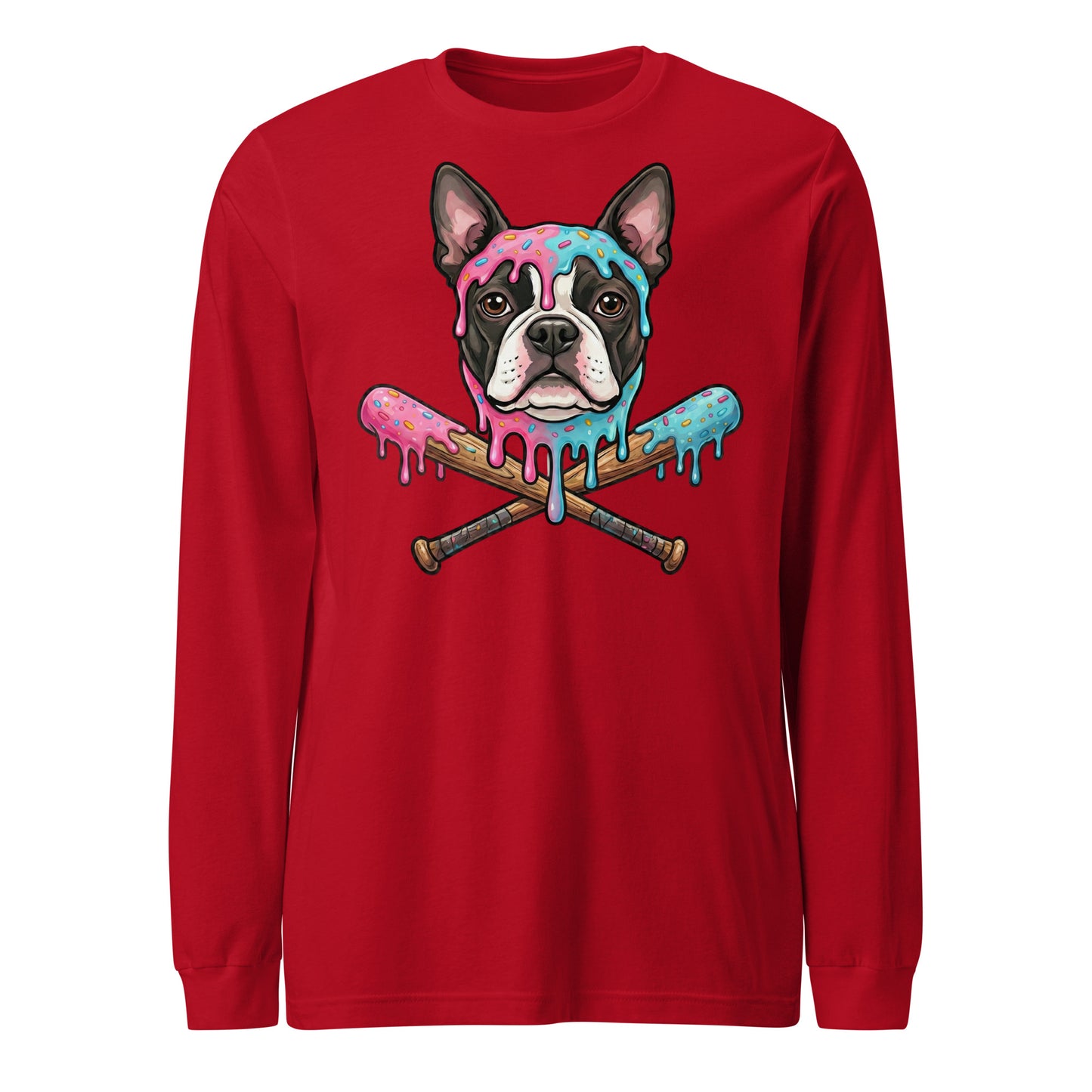 Baseball Drip Boston Terrier Dog Unisex Long Sleeve Tee . Red