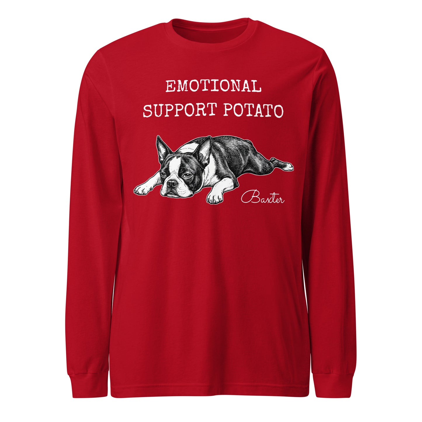 Emotional Support Potato Boston Terrier Dog Unisex Long Sleeve Tee . Red