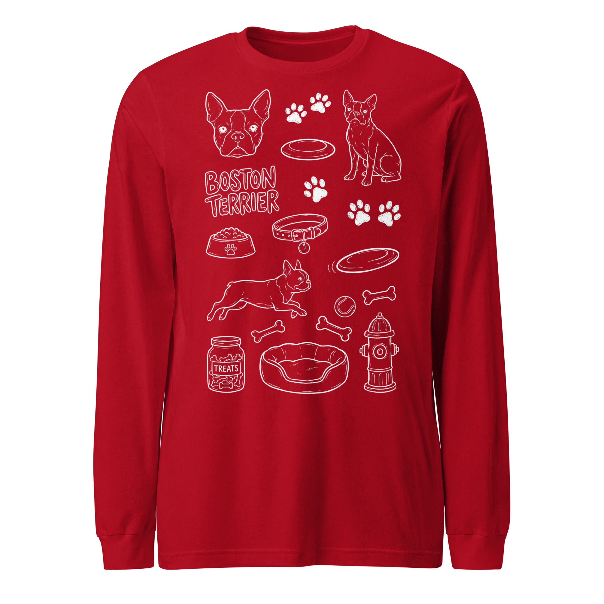 Boston Terrier Doodle Dog Lover Unisex Long Sleeve Tee . Red