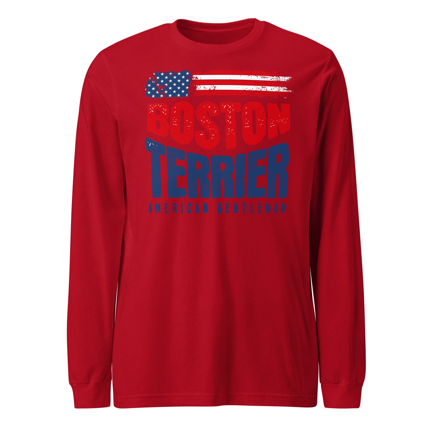 Boston Terrier American Flag Unisex Long Sleeve Shirt – 4th of July Patriotic Dog Tee | USA 250th Birthday Shirt . Red