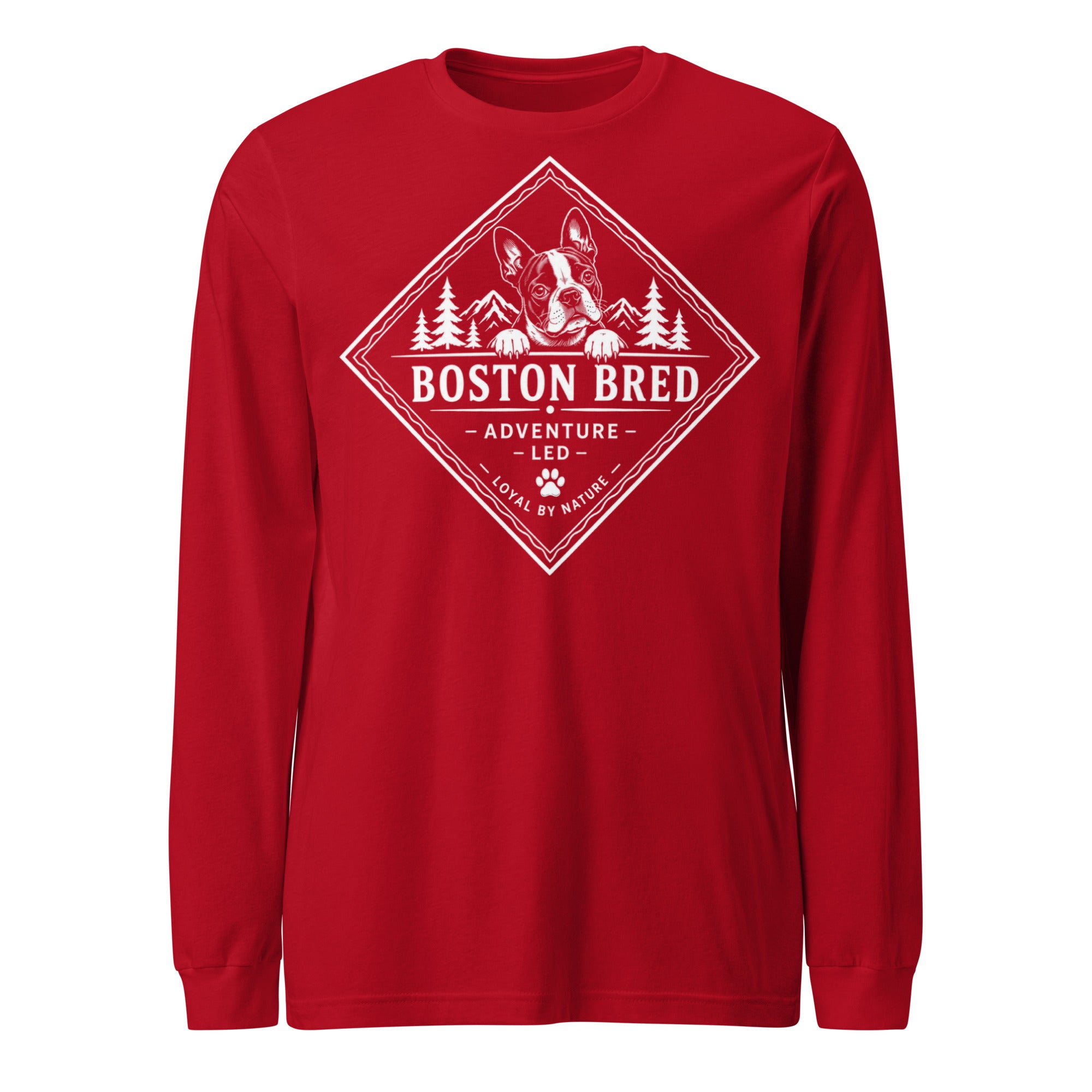 Boston Bred Adventure Led – Outdoor And Hiking Dog Lover Unisex Long Sleeve Tee . Red