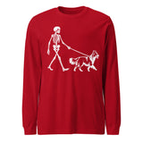 Skeleton Walking Border Collie Halloween Unisex Long Sleeve Tee . Red