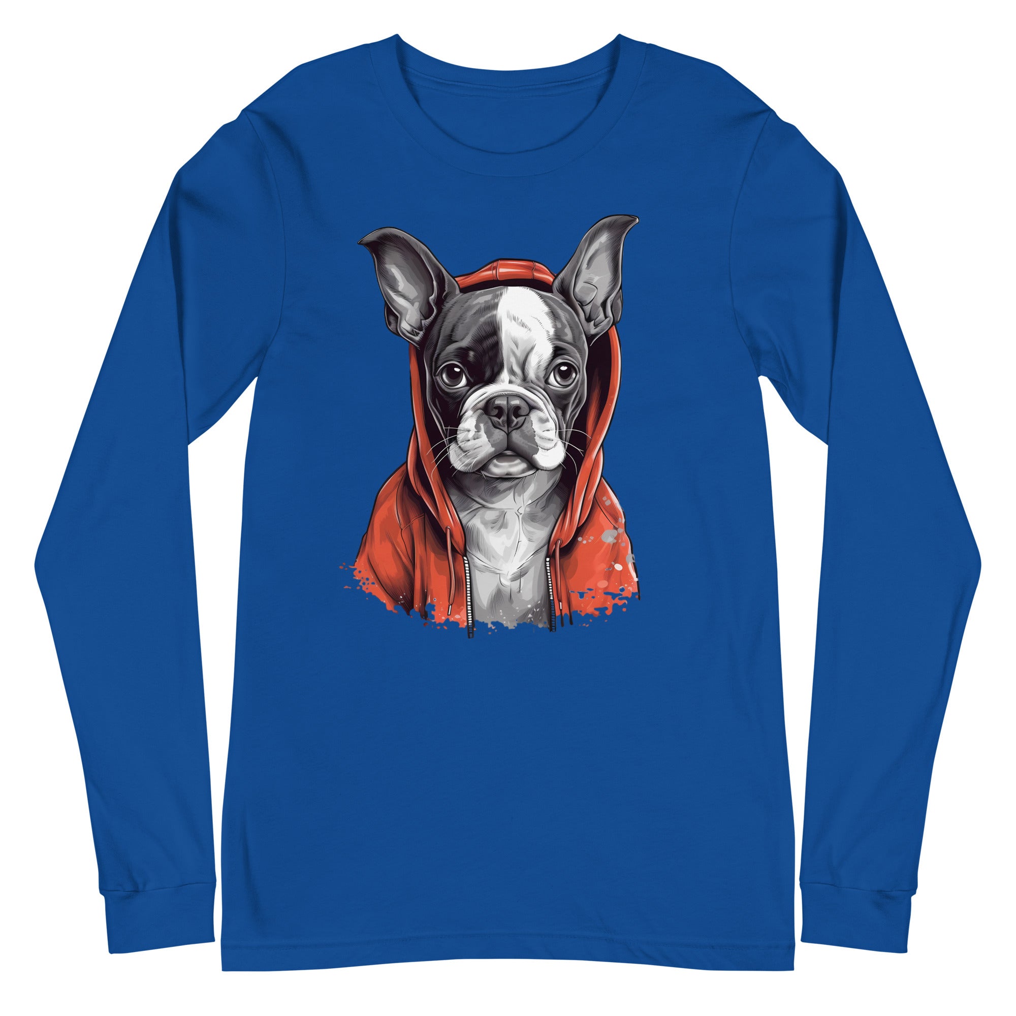 Boston Terrier in a Red Hoodie Long Sleeve Tee