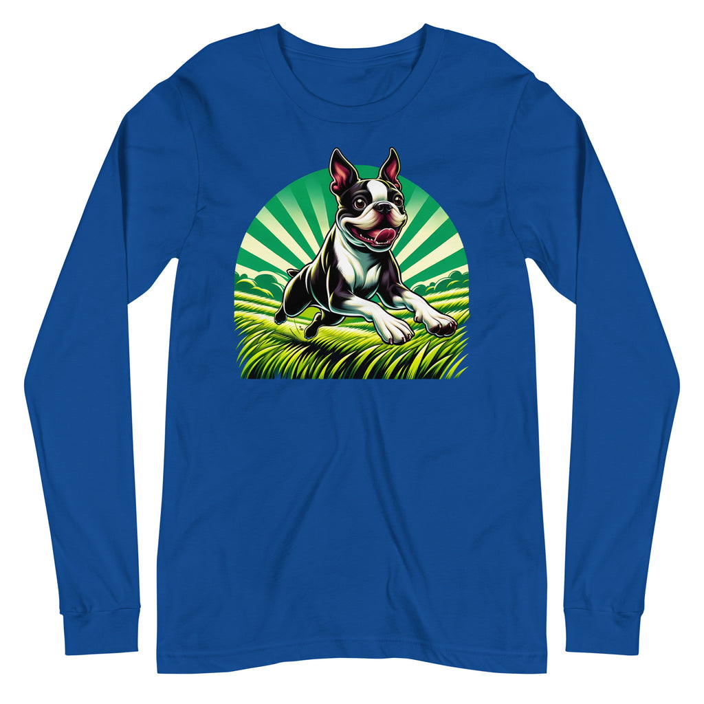 Boston Terrier Dog Running Free Unisex Long Sleeve Tee