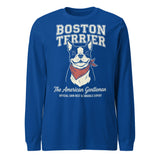 Boston Terrier “The American Gentleman” Chin Rest & Snuggle Expert Unisex Long Sleeve Tee . True Royal