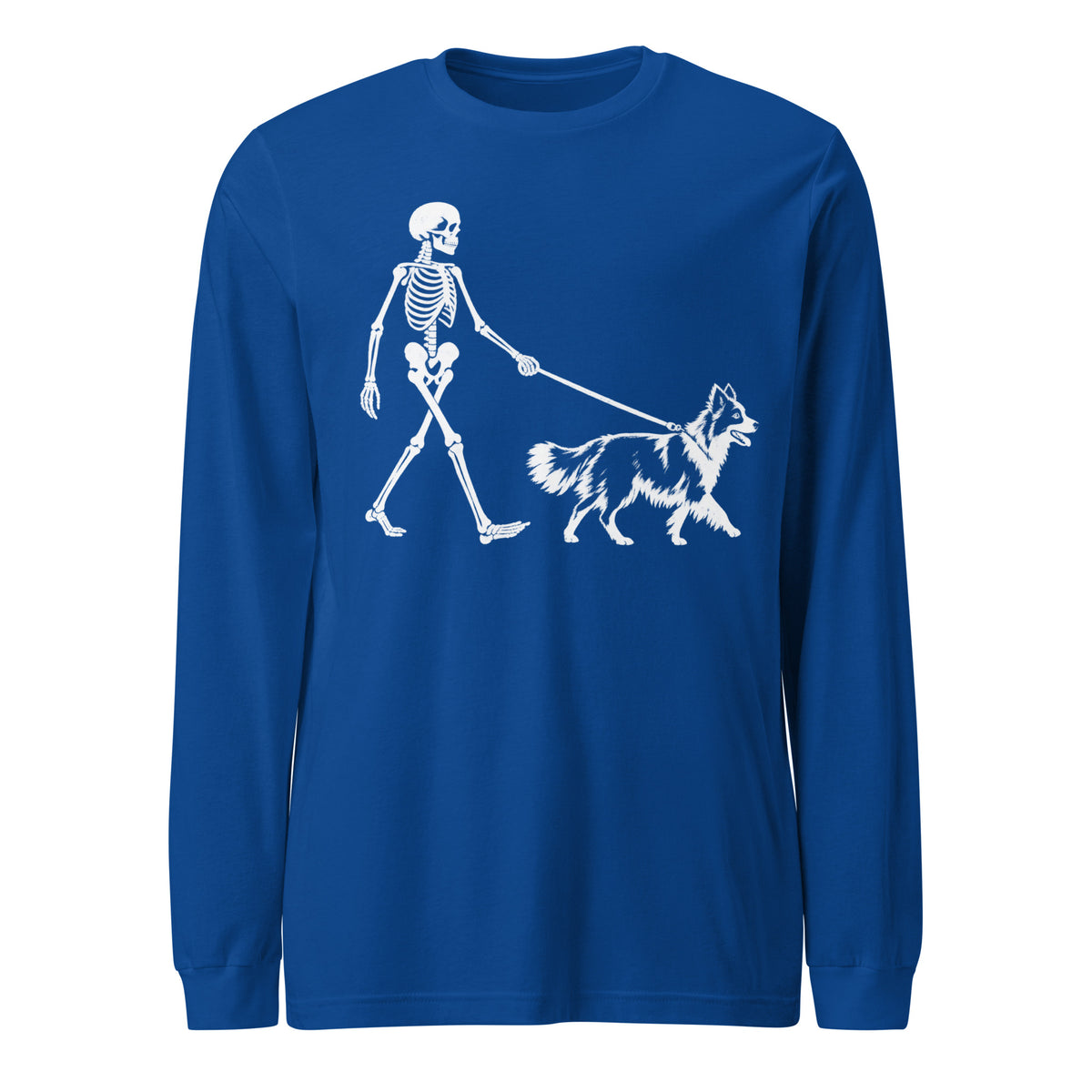 Skeleton Walking Border Collie Halloween Unisex Long Sleeve Tee . True Royal