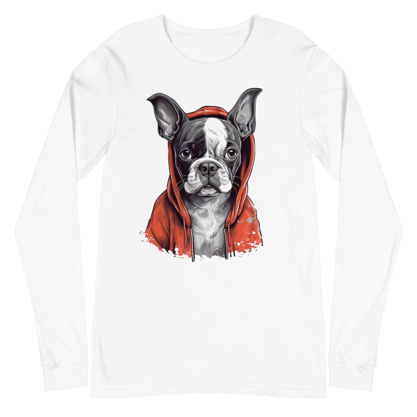 Boston Terrier in a Red Hoodie Long Sleeve Tee
