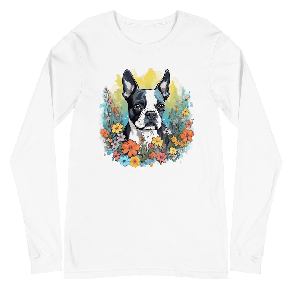 Boston Terrier Surrounded By Flowers Long Sleeve Tee