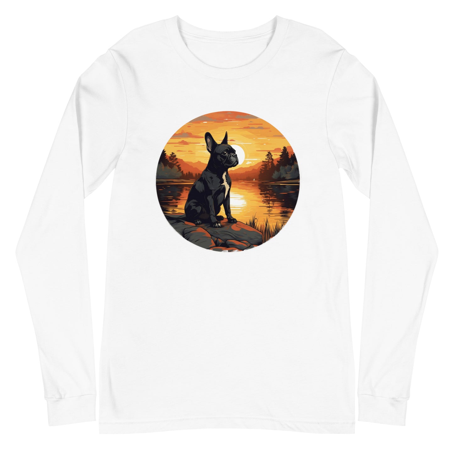 Boston Terrier Sitting By A Calm Lake Unisex Long Sleeve Tee