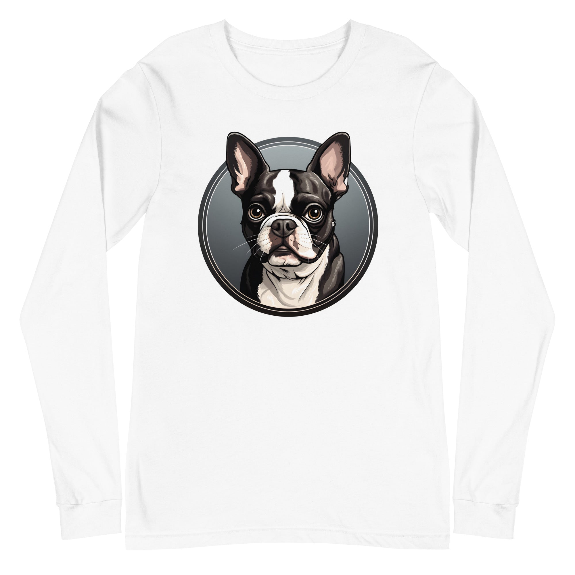 Cartoon Boston Terrier Dog Portrait Unisex Long Sleeve Tee