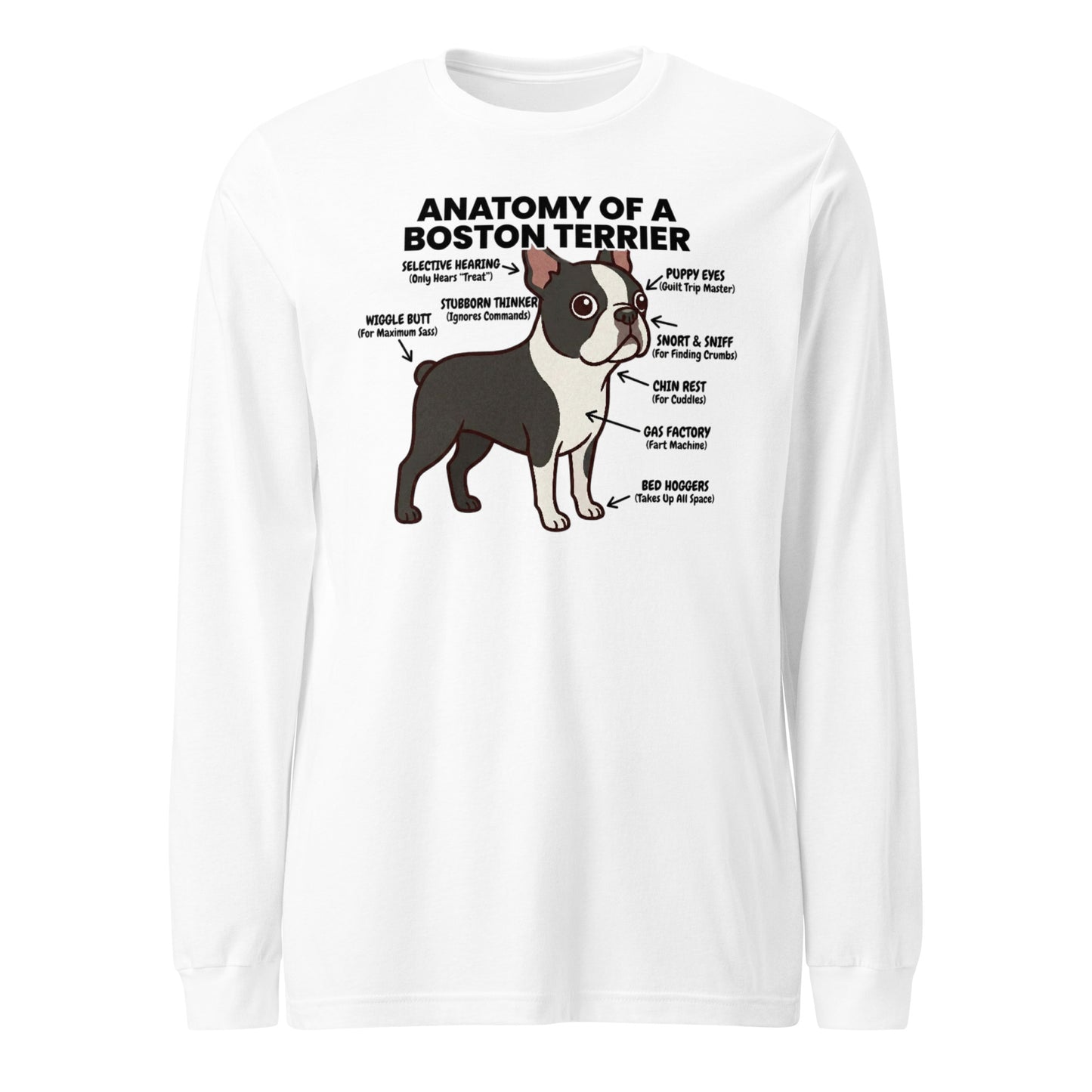 Boston Terrier Anatomy Illustrated Unisex Long Sleeve Tee . White