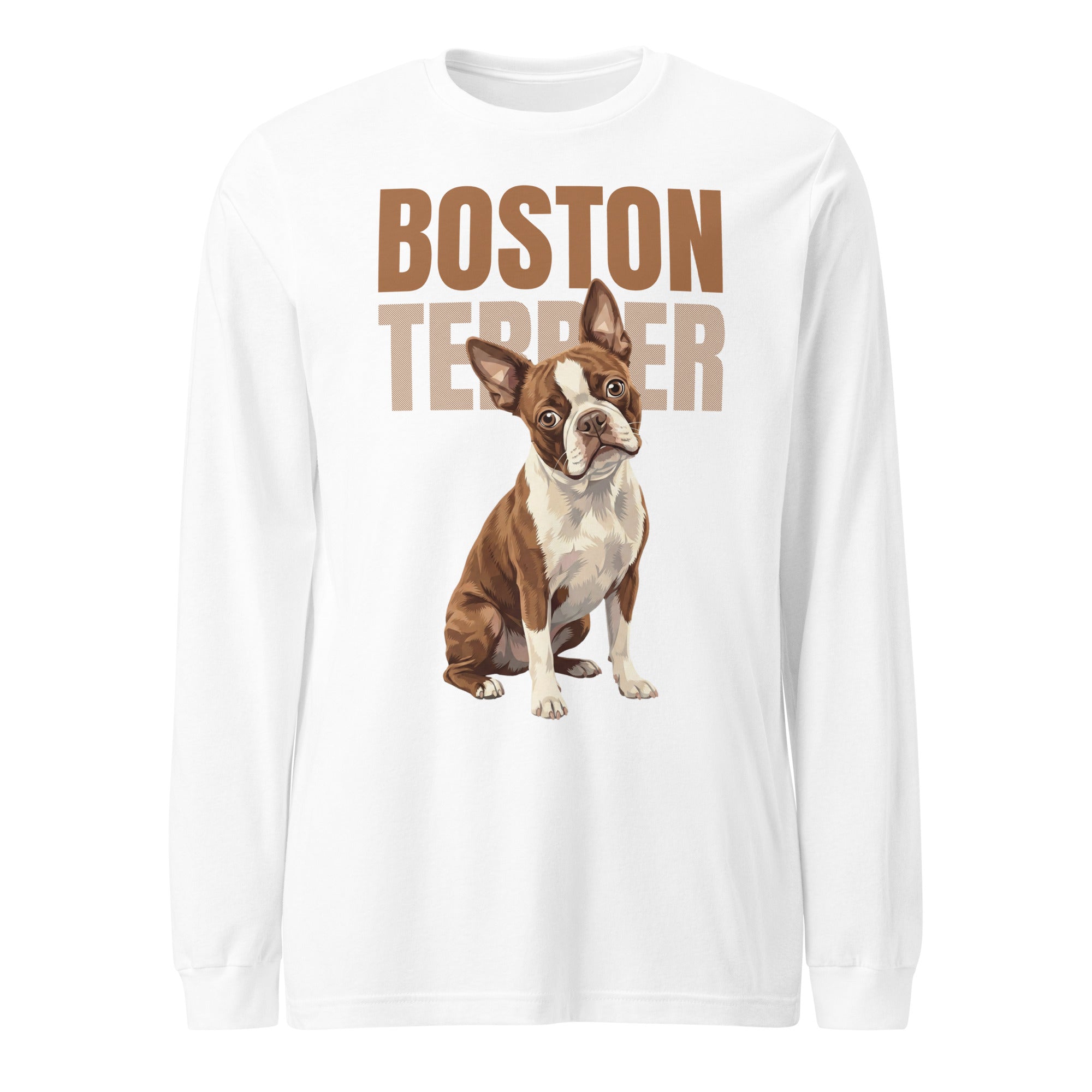 Brown Boston Terrier Dog Unisex Long Sleeve Tee . White