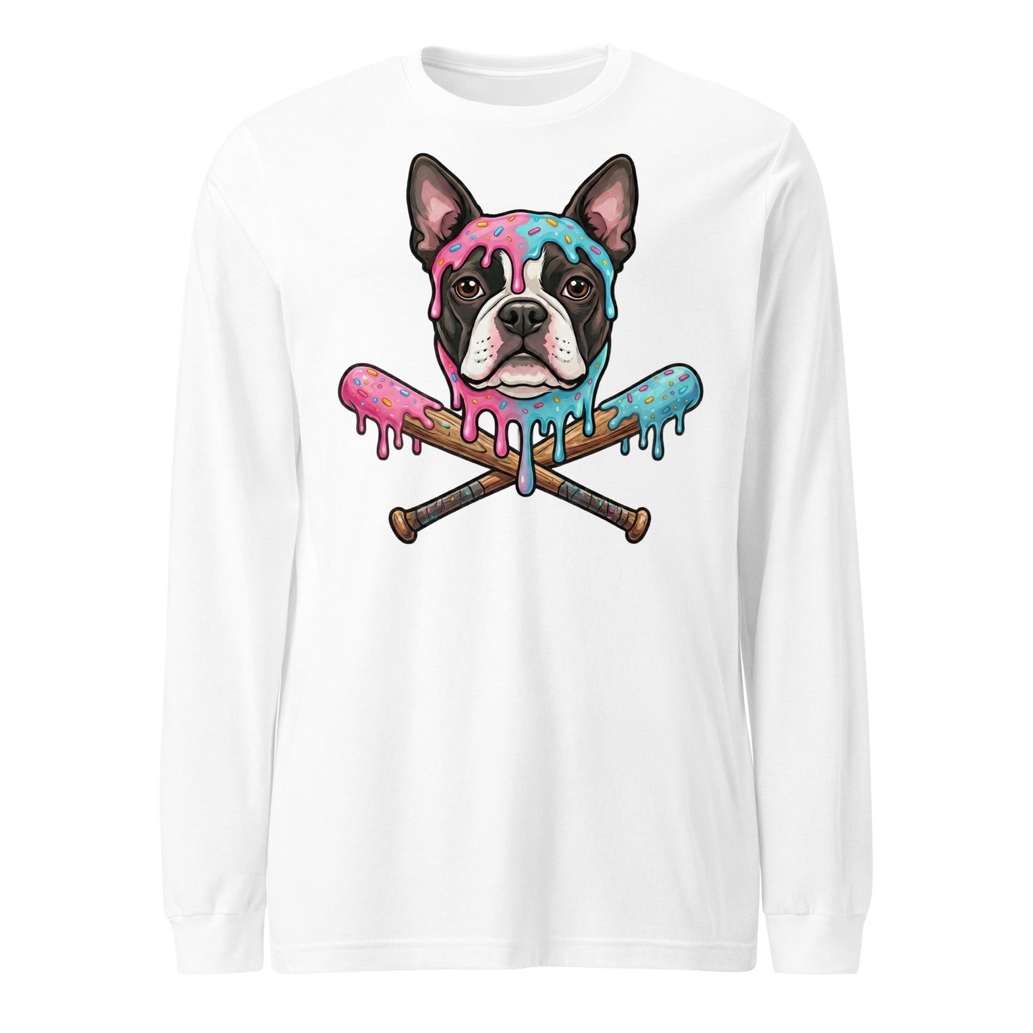 Baseball Drip Boston Terrier Dog Unisex Long Sleeve Tee . White