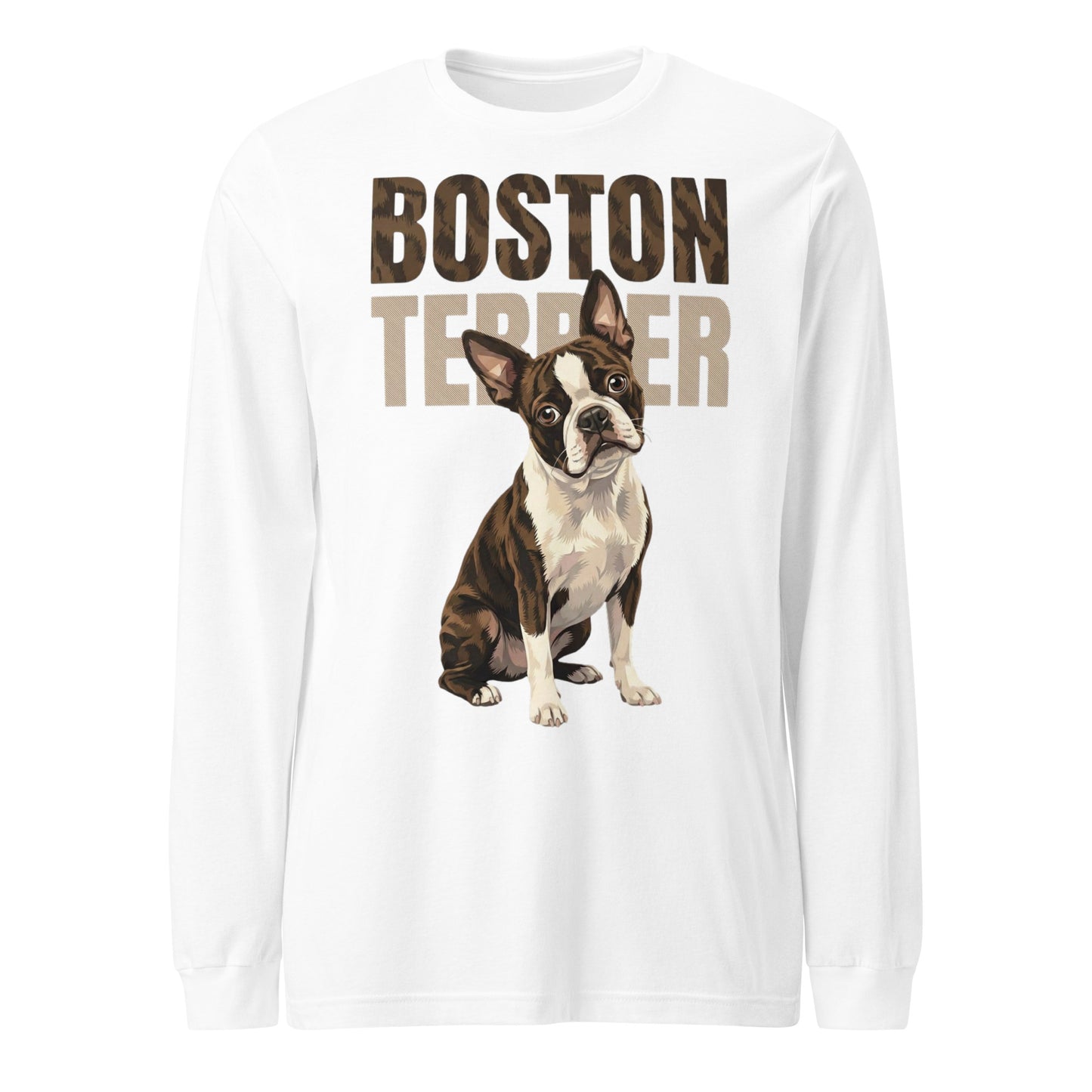 Brindle Boston Terrier Dog Unisex Long Sleeve Tee . White