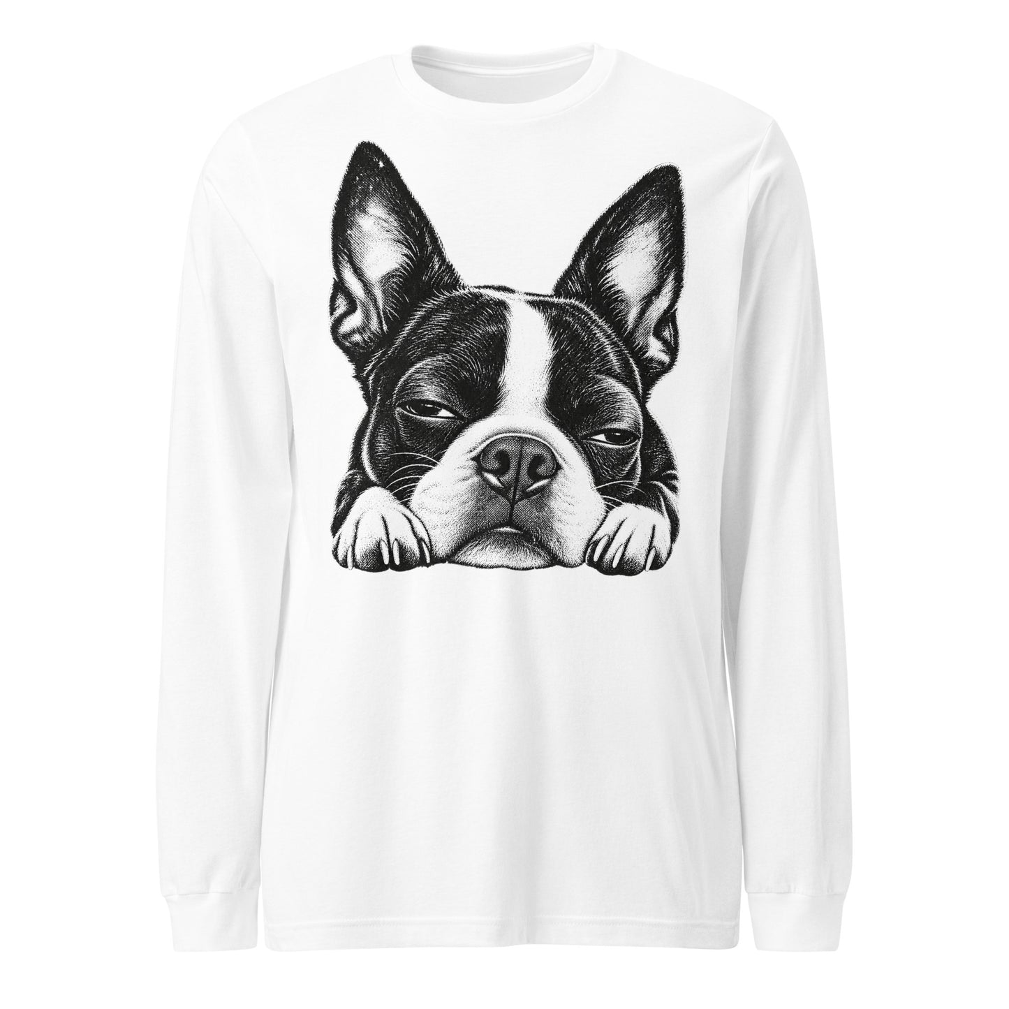 Sleepy Boston Terrier Dog Unisex Long Sleeve Tee . White