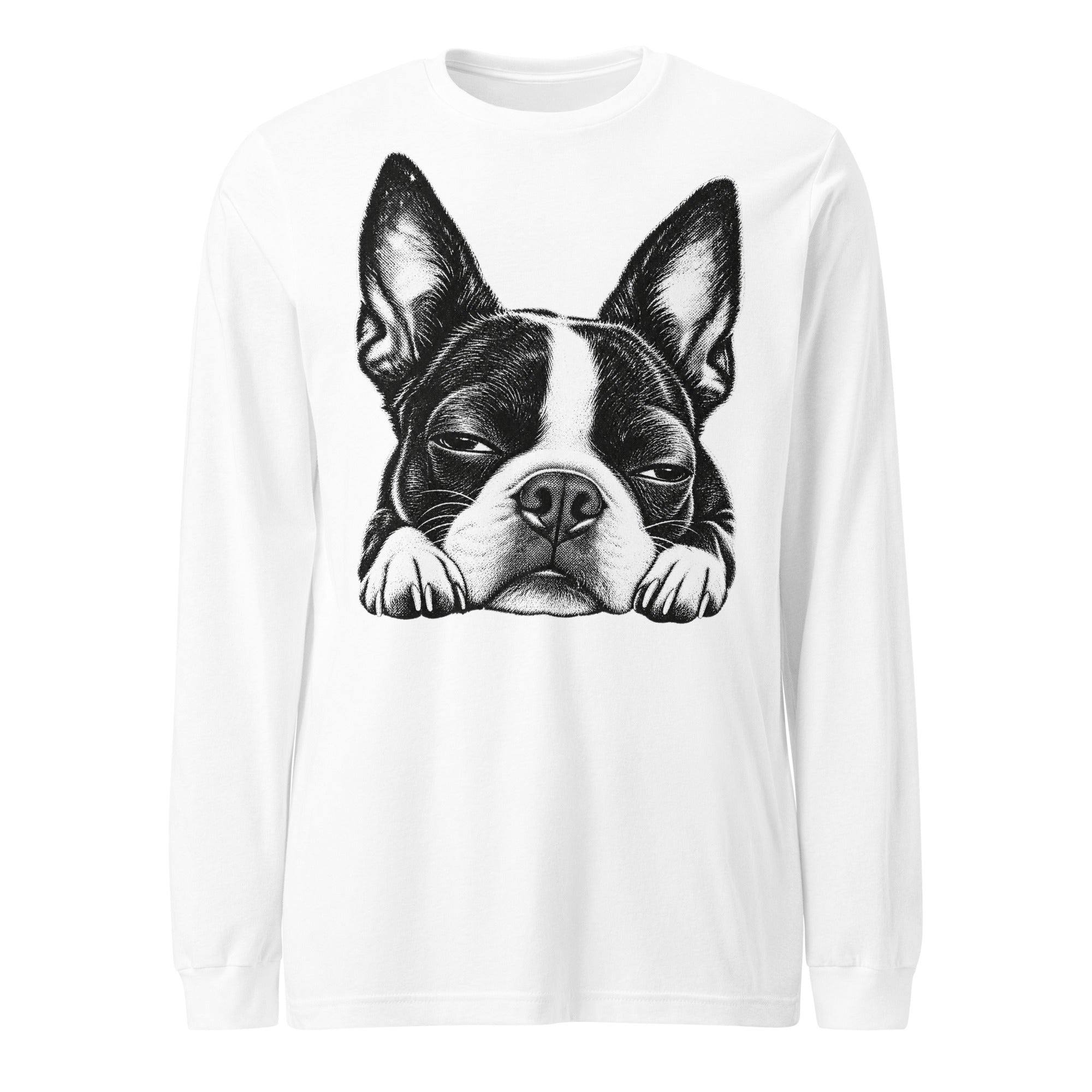 Sleepy Boston Terrier Dog Unisex Long Sleeve Tee . White