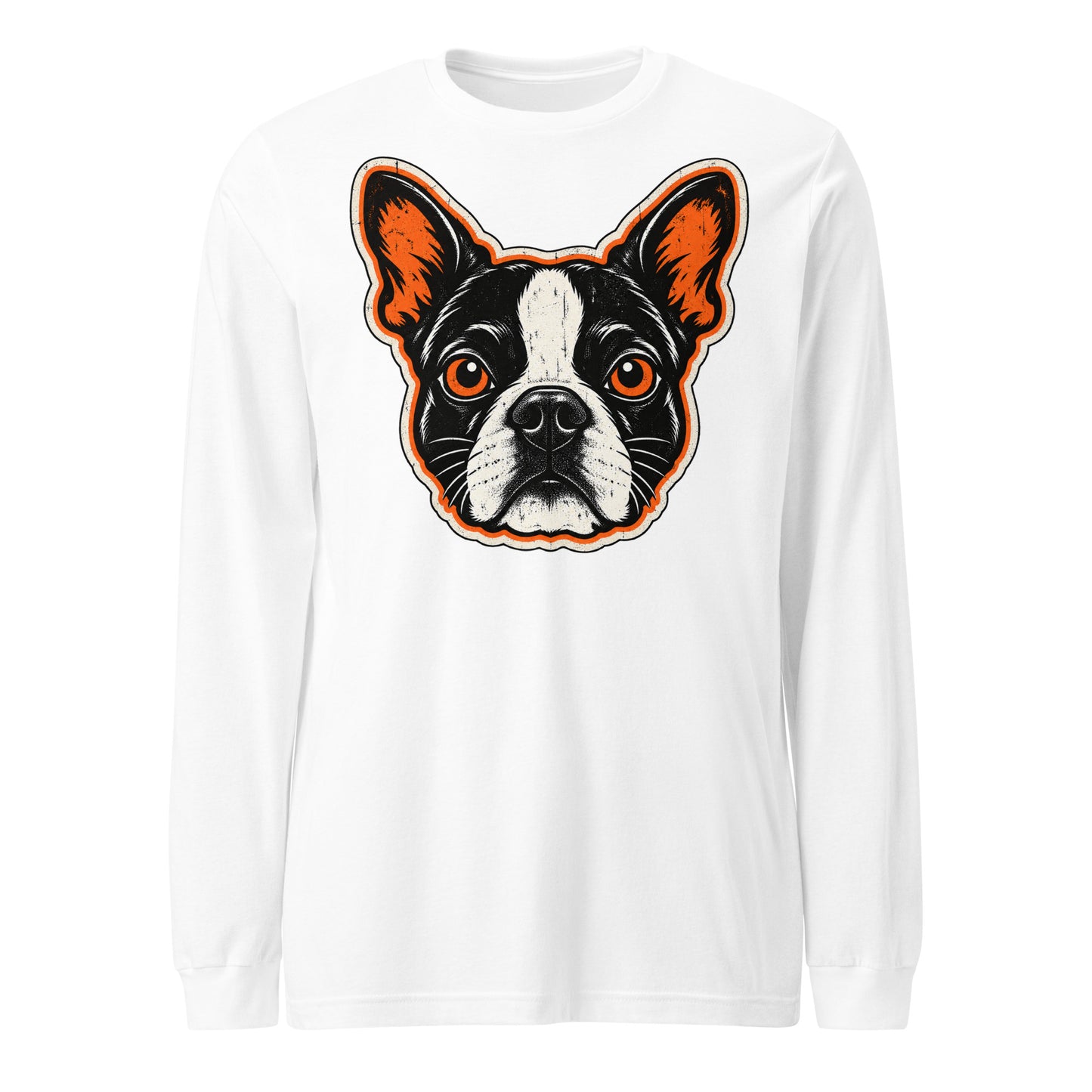 Halloween Boston Terrier Face Unisex Long Sleeve Tee . White