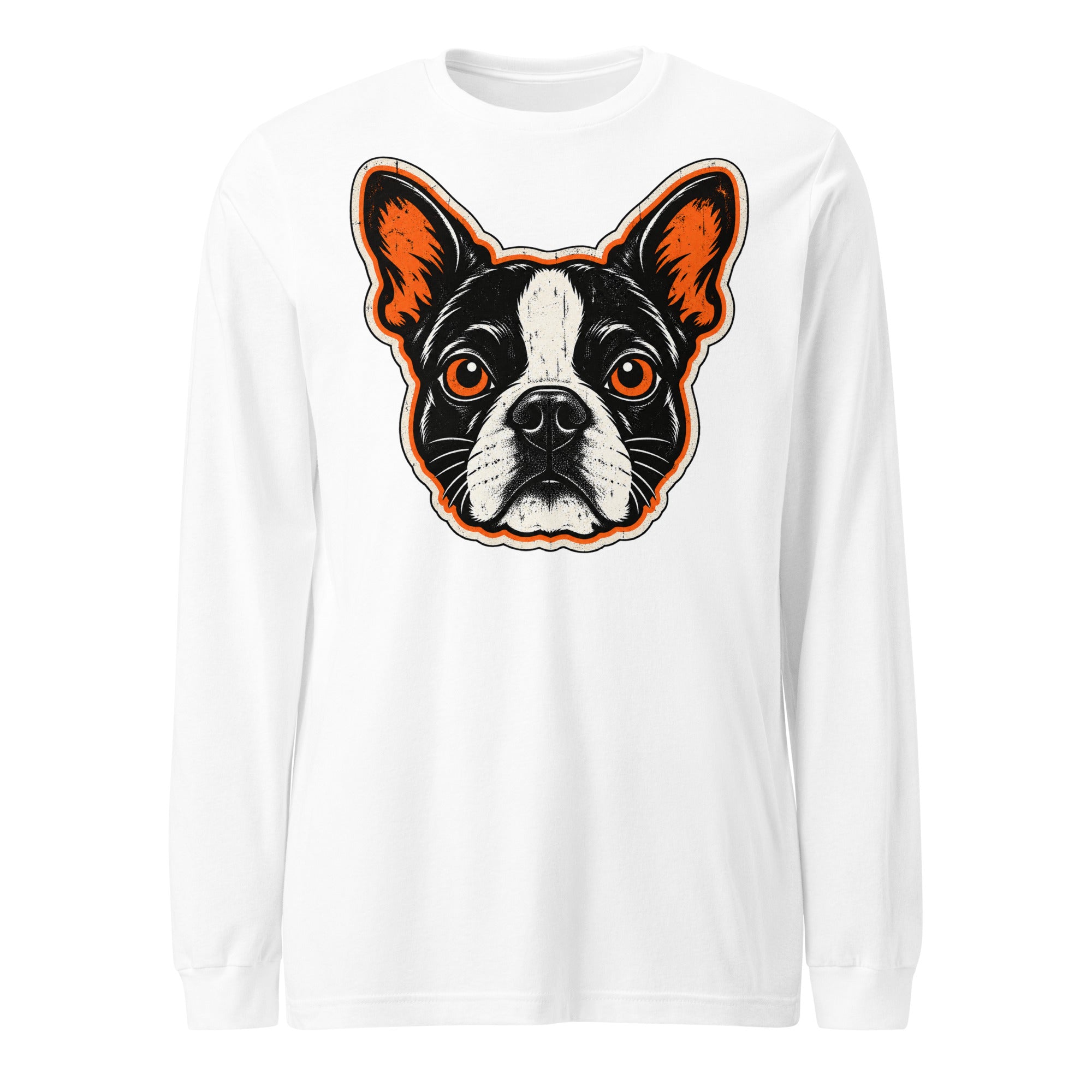 Halloween Boston Terrier Face Unisex Long Sleeve Tee . White
