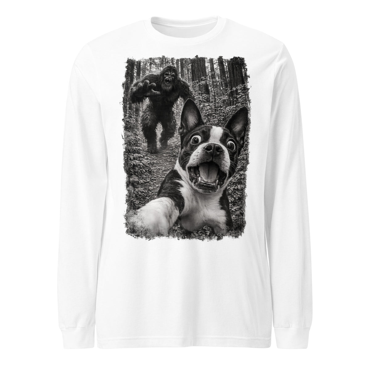 Boston Terrier Bigfoot Chase – Funny Sasquatch Dog Graphic Unisex Long Sleeve Tee . White