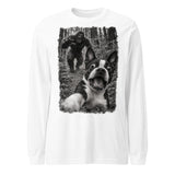 Boston Terrier Bigfoot Chase – Funny Sasquatch Dog Graphic Unisex Long Sleeve Tee . White