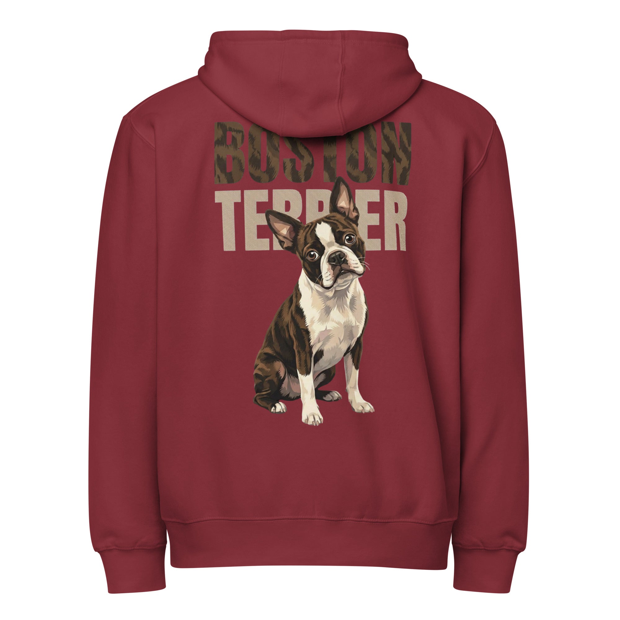 Brindle Boston Terrier Dog Premium Full Zip Hoodie . Burgundy