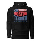 Boston Terrier American Flag Unisex Hoodie – 4th of July Patriotic Dog Tee | USA 250th Birthday Shirt . Black