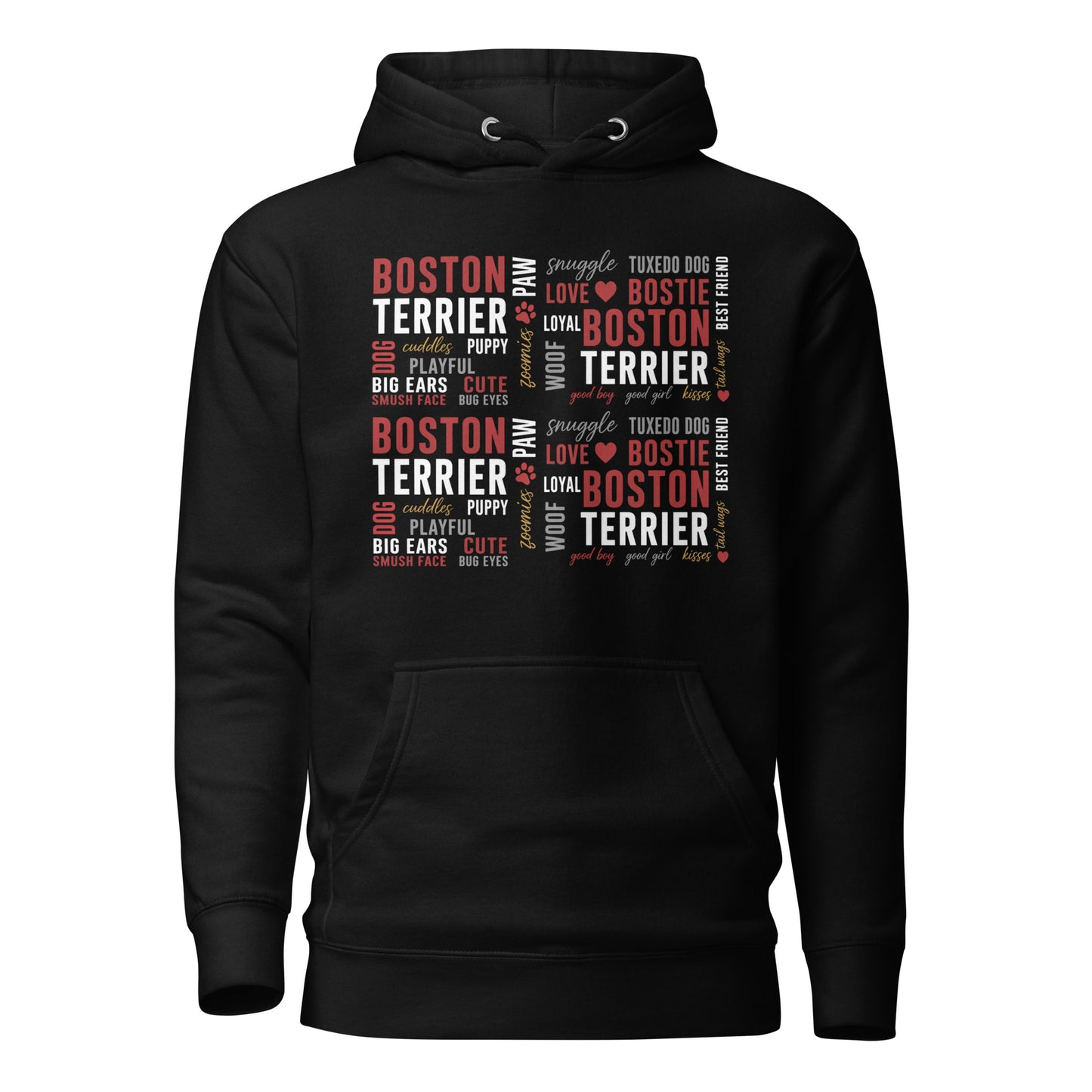 Boston Terrier Word Collage Unisex Hoodie – Dog Lover Typography Art . Black