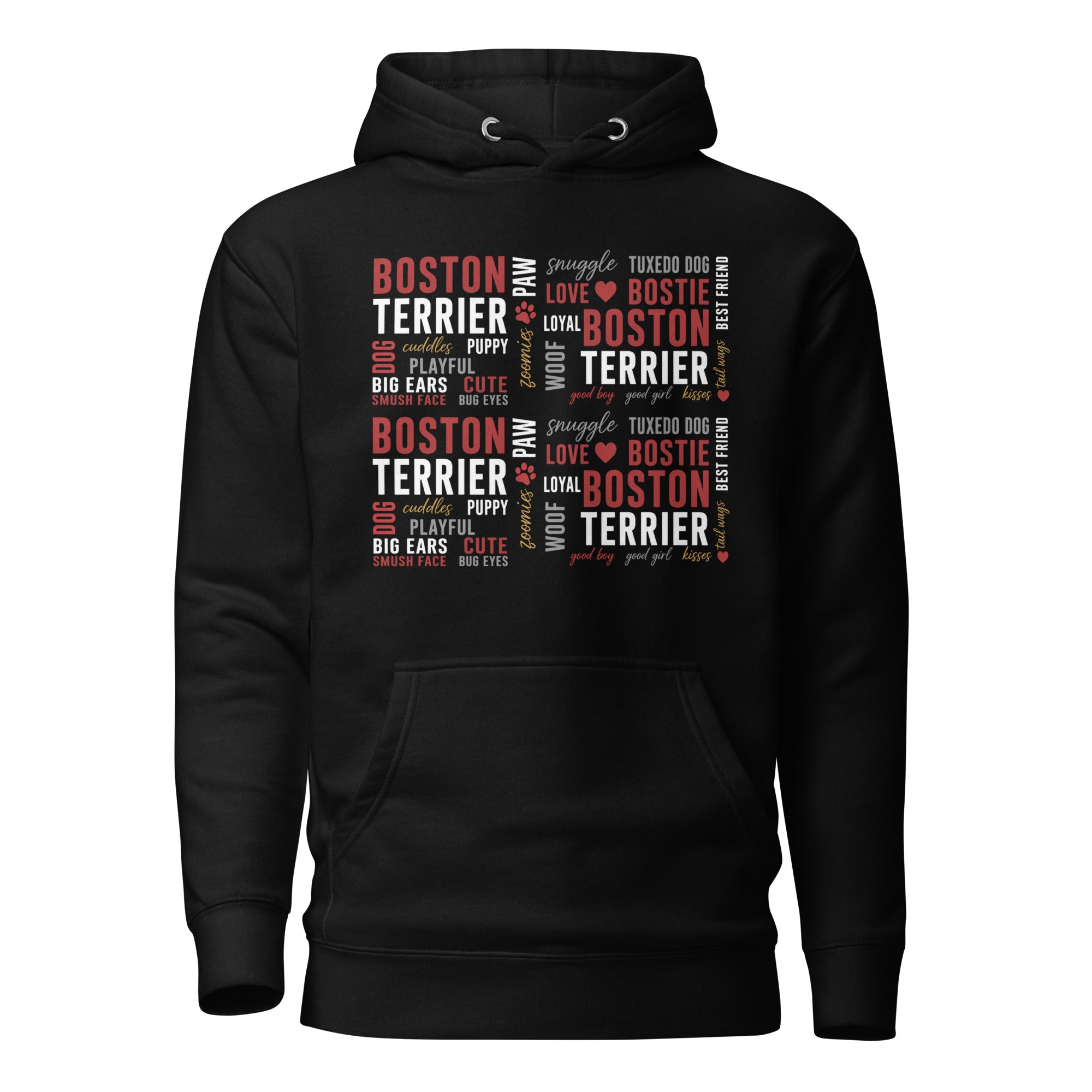Boston Terrier Word Collage Unisex Hoodie – Dog Lover Typography Art . Black