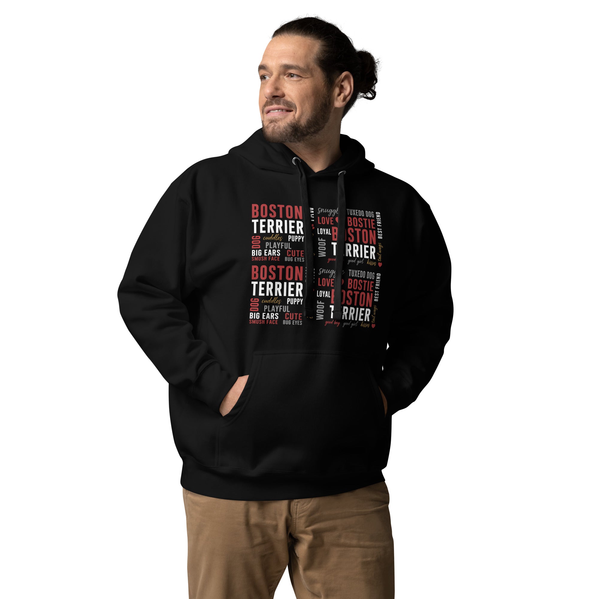 Boston Terrier Word Collage Unisex Hoodie – Dog Lover Typography Art .