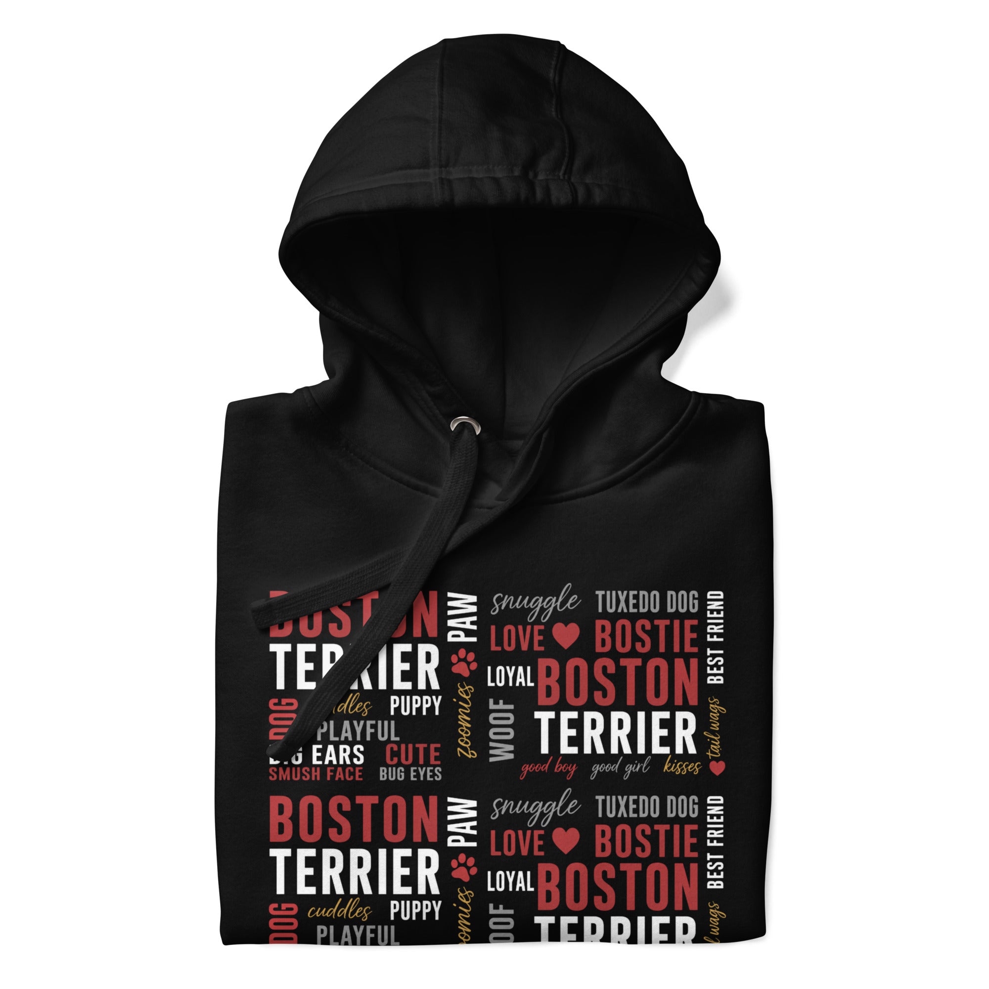 Boston Terrier Word Collage Unisex Hoodie – Dog Lover Typography Art .
