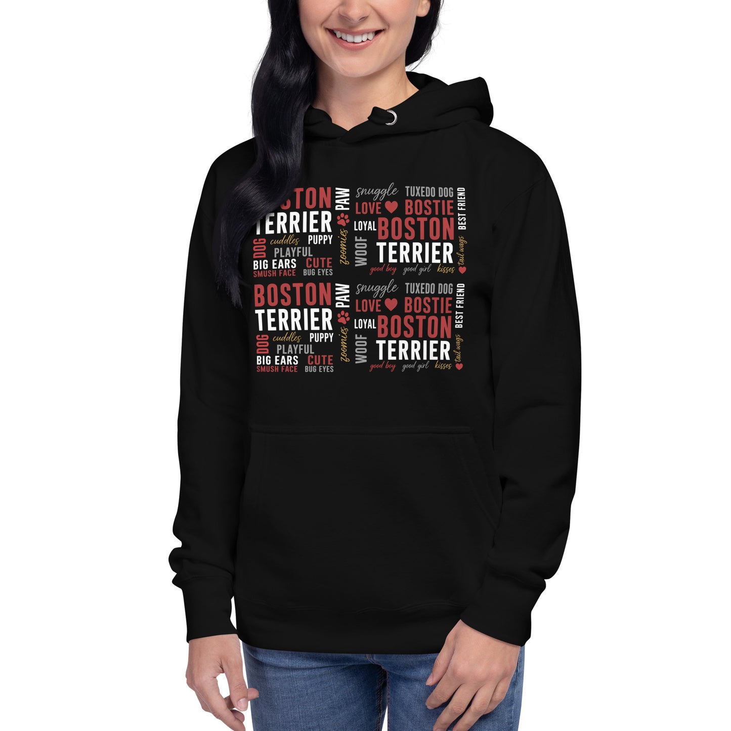 Boston Terrier Word Collage Unisex Hoodie – Dog Lover Typography Art .