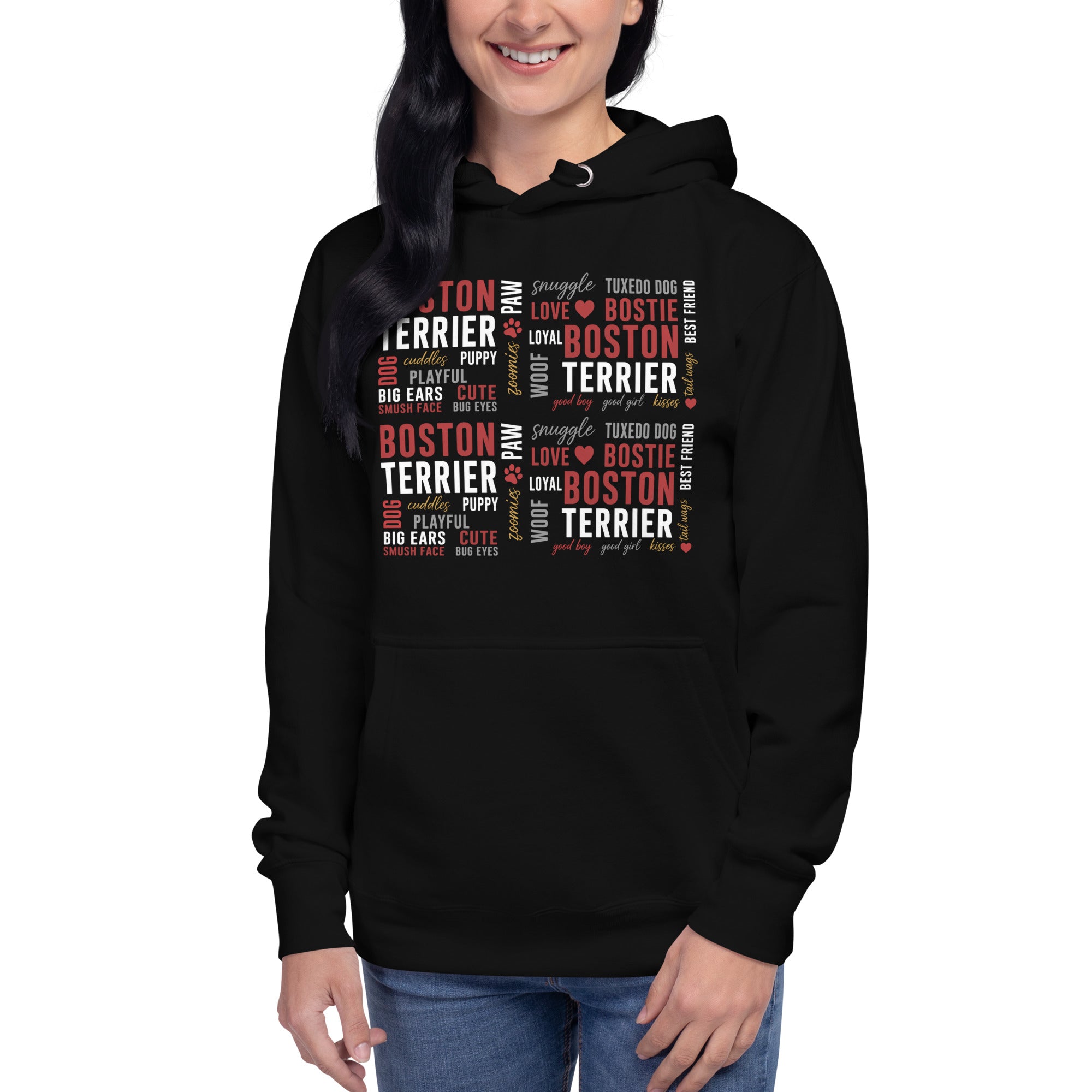 Boston Terrier Word Collage Unisex Hoodie – Dog Lover Typography Art .