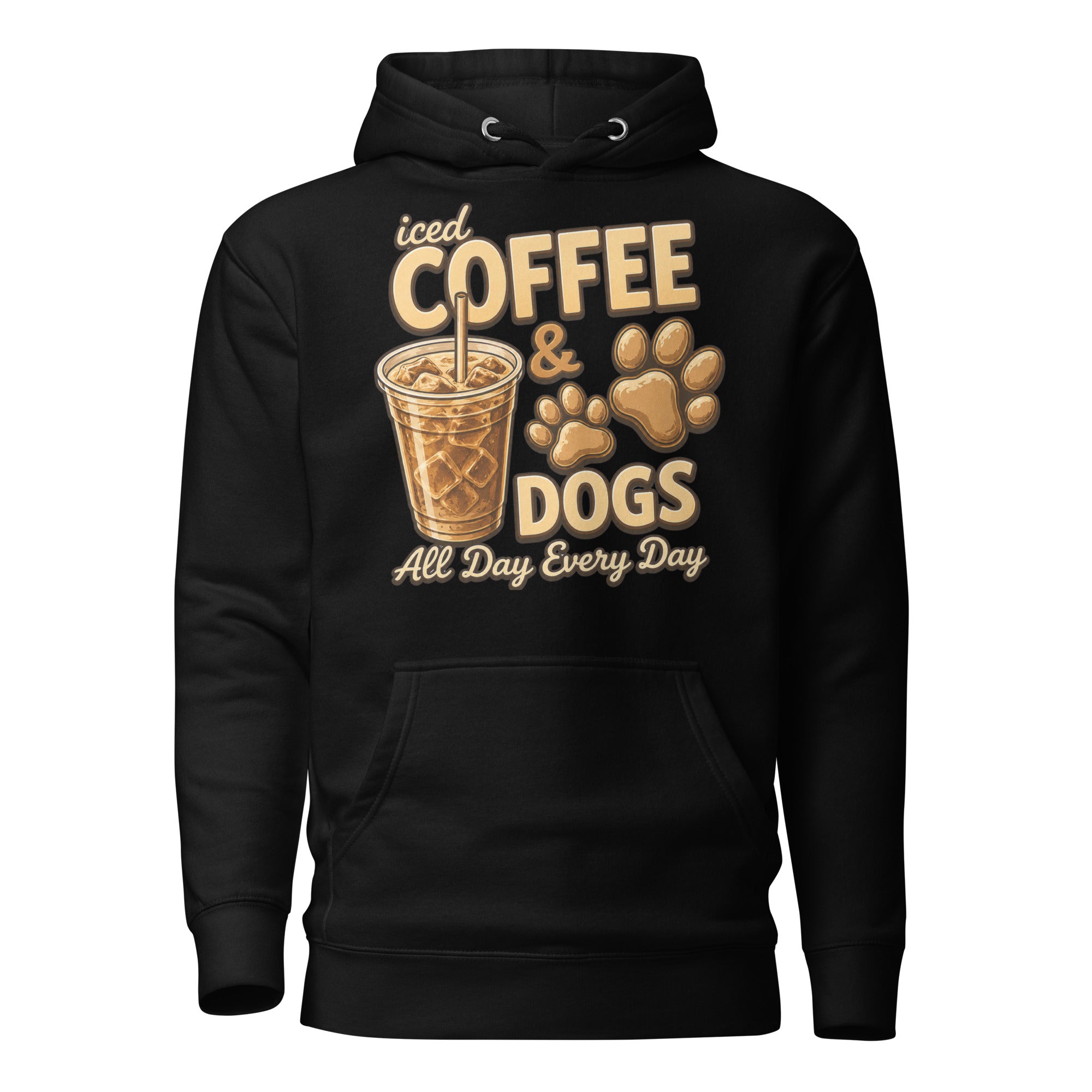 Iced Coffee & Dogs All Day Every Day Unisex Hoodie - Funny Dog Lover Tee . Black