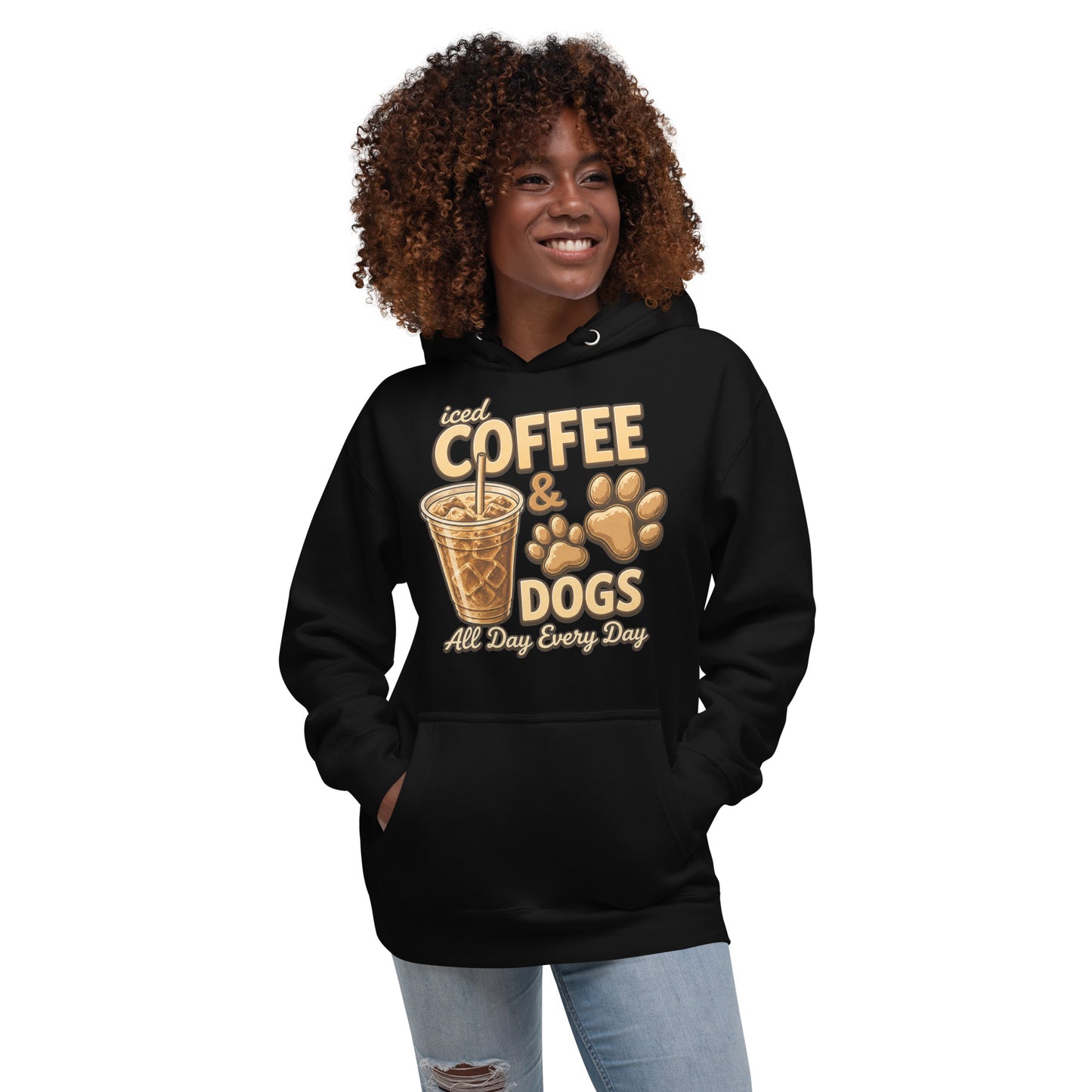 Iced Coffee & Dogs All Day Every Day Unisex Hoodie - Funny Dog Lover Tee .