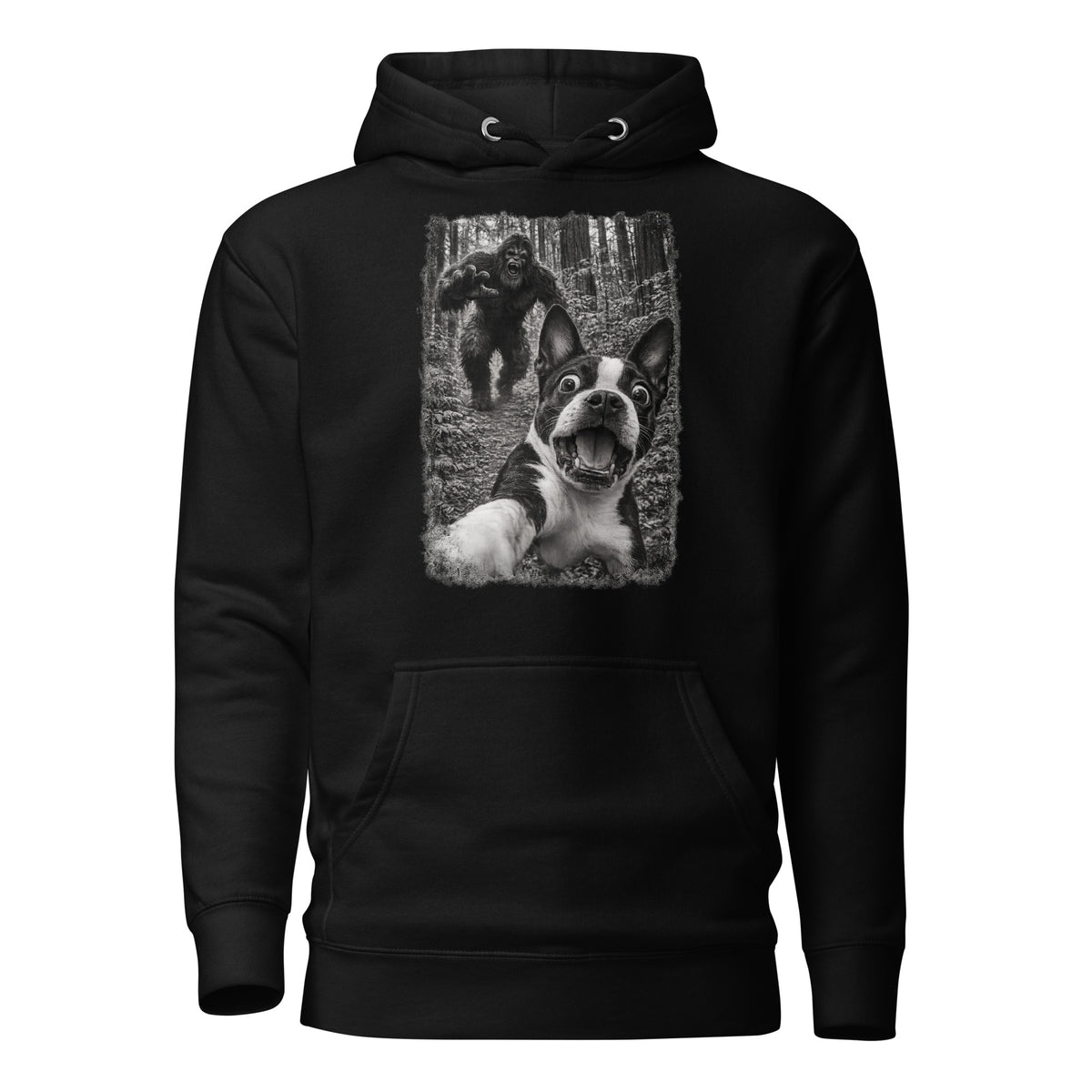 Boston Terrier Bigfoot Chase – Funny Sasquatch Dog Graphic Unisex Hoodie . Black