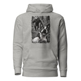 Boston Terrier Bigfoot Chase – Funny Sasquatch Dog Graphic Unisex Hoodie . Carbon Grey