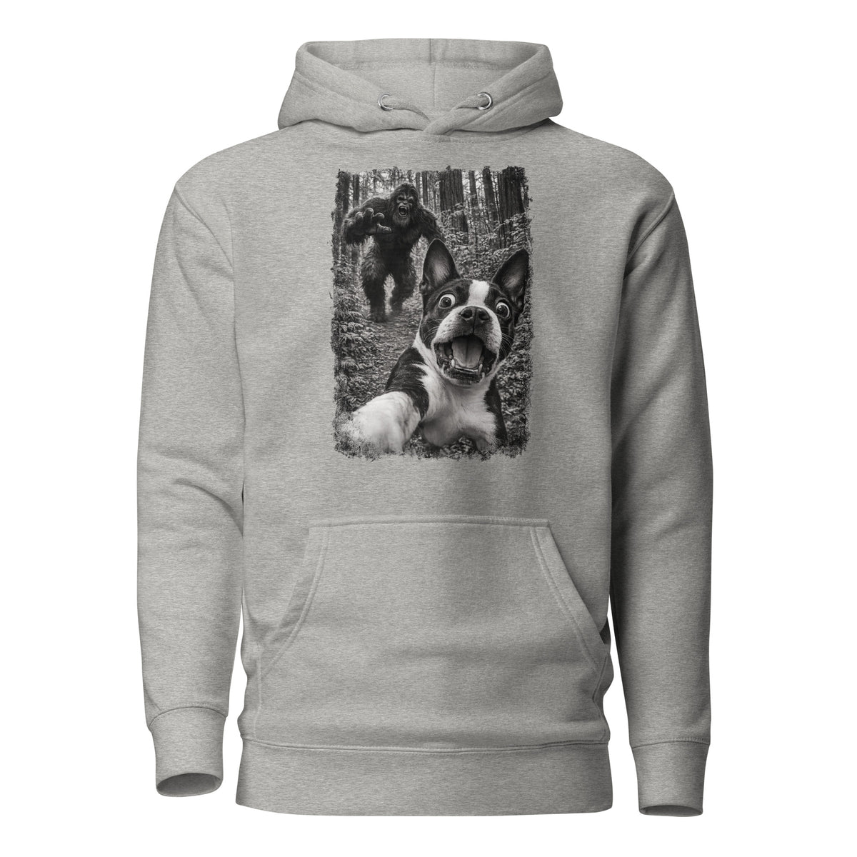 Boston Terrier Bigfoot Chase – Funny Sasquatch Dog Graphic Unisex Hoodie . Carbon Grey