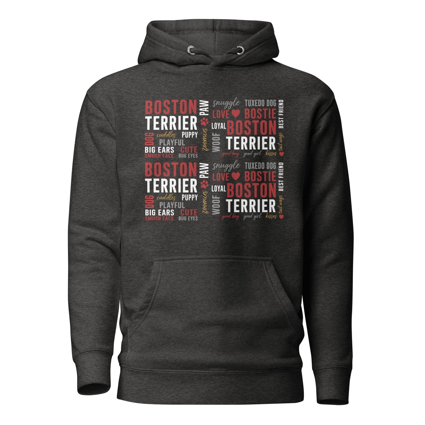 Boston Terrier Word Collage Unisex Hoodie – Dog Lover Typography Art . Charcoal Heather