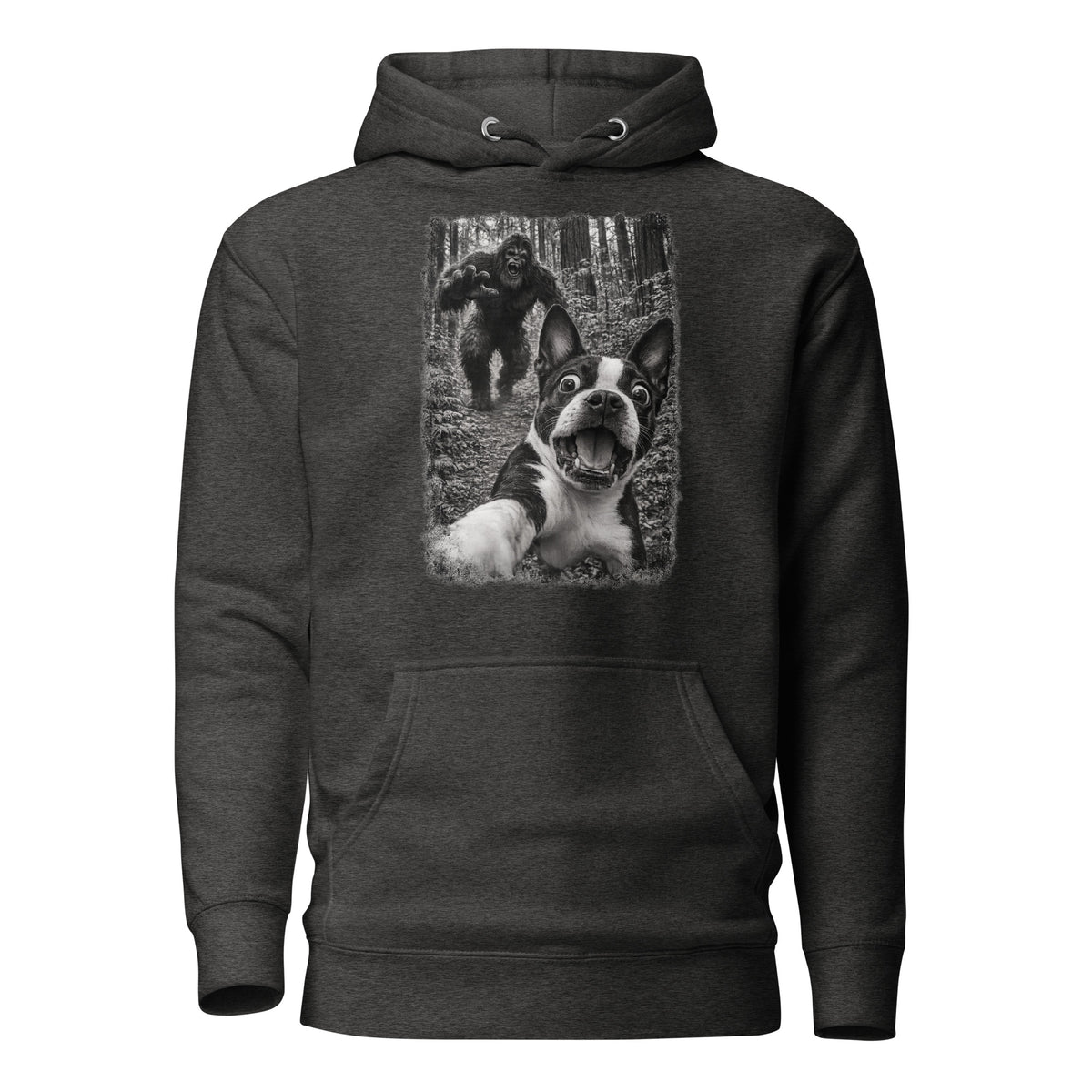 Boston Terrier Bigfoot Chase – Funny Sasquatch Dog Graphic Unisex Hoodie . Charcoal Heather